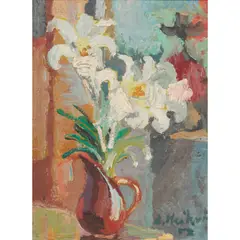 Ludmilla Meilerts, White Lillies, 1958, oil on canvas laid on card