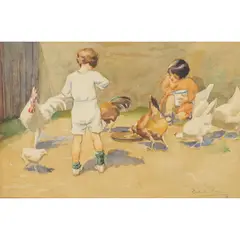 Frances Payne, Feeding the Chickens, 1918, watercolour on paper