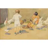 Frances Payne, Feeding the Chickens, 1918, watercolour on paper