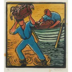 Jessie MacQueen MacKintosh, A Good Haul, linocut, ed. 12/25