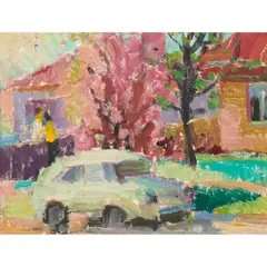 Ludmilla Meilerts, (White Car in the Street), oil on canvas laid on card