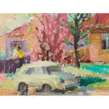 Ludmilla Meilerts, (White Car in the Street), oil on canvas laid on card