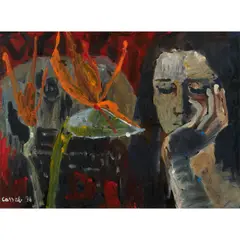 Judy Cassab, Head with Strelitzia, 1996, oil on board