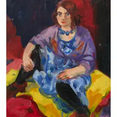 Wendy Sharpe, (Woman in a Blue Dress), oil on board