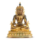 十八世紀 【大清乾隆年敬造】七字刻款及本朝 中藏風格銅鎏金無量壽佛坐像 by Qianlong Seven-Character Inscribed Mark And Of The Period A Sino-Tibetan Gilt-Bronze Seated Figure Of Amitayus, sculpture, sold Jun 2026