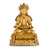 The base inscribe with a line of Tibetan script "Chos rab la/ ma nga la na mo.", translated as ": The religion is most excellent. (This is for) my most excellent Mother. " by Qing Dynasty A Sino-Tibetan Gilt-Bronze Seated Figure Of Amitayus, sculpture, sold Jun 2026