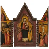 Bicci di Lorenzo, The central panel: the Madonna and Child enthroned and flanked by two angels; the left wing: Christ on the Road to Calvary with the Madonna and Saint John, with The Annunciate Angel above; the right wing: The Crucifixion, with The Virgin Annunciate above, tempera on gold ground panel; triptych