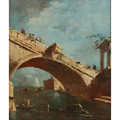 Francesco Guardi, Capriccio veneziano con ponte e rudere di architrave (Capriccio of a bridge and classical columns, with gondolas passing beneath), oil on panel