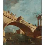 Francesco Guardi, Capriccio veneziano con ponte e rudere di architrave (Capriccio of a bridge and classical columns, with gondolas passing beneath), oil on panel