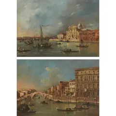Francesco Guardi, The Island of San Giorgio Maggiore from the West; and View of the Cannaregio, with the Ponte dei Tre Archi and the Palazzo Surian-Bellotto, oil on canvas