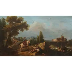 Paesaggio con cavaliere, ponte di pietra e mendicanti (Landscape with knight, stone bridge and beggars) by Francesco Zuccarelli, oil on canvas, sold Dec 2025