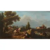 Francesco Zuccarelli, Paesaggio con cavaliere, ponte di pietra e mendicanti (Landscape with knight, stone bridge and beggars), oil on canvas