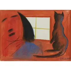 Girl at Window with Cat by Charles Blackman, pastel on paper, sold Mar 2026