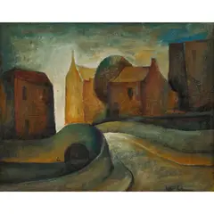 Bill Coleman, Rectory and Bridge, 1958, oil on board