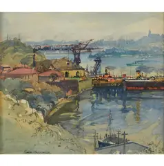 Gwen Barringer, Construction of a Bridge, Sydney - Cranes at Milson's Point, watercolour on paper