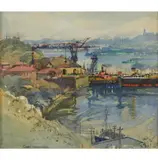 Gwen Barringer, Construction of a Bridge, Sydney - Cranes at Milson's Point, watercolour on paper