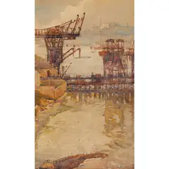 Gwen Barringer, Construction of a Bridge, Sydney - Balmain Town Hall in the Distance, watercolour on paper