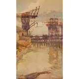 Gwen Barringer, Construction of a Bridge, Sydney - Balmain Town Hall in the Distance, watercolour on paper