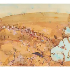 John Olsen, Landscape with Lake Rydal, 2001, watercolour, pastel and synthetic polymer paint on paper