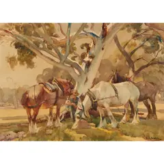 (Draught Horses at Rest) by Harold Septimus Power, watercolour on paper, sold Mar 2026