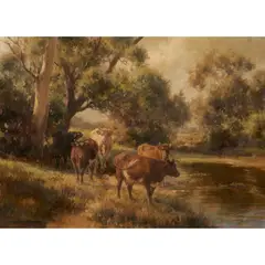 Jan Hendrik Scheltema, (Cattle by the River Bank), oil on canvas
