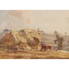 Hans Heysen, (Horses and Haystacks), 1920, watercolour on paper