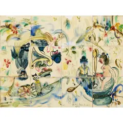 John Perceval, The Owl and the Pussycat, Charlie Chaplin, and Other Stories, 1951, twelve glazed hand-painted ceramic tiles mounted on board