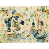 John Perceval, The Owl and the Pussycat, Charlie Chaplin, and Other Stories, 1951, twelve glazed hand-painted ceramic tiles mounted on board