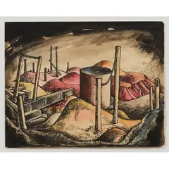 Shay Docking, Gold Mining Relics, Ballarat, 1954, watercolour and pen on paper