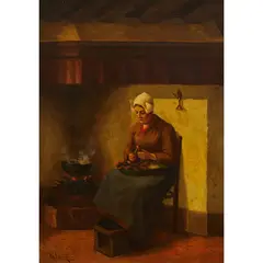 Hendrikus Johan van Langen, Dutch Interior with Woman Peeling Carrots, oil on canvas
