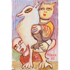 Mirka Mora, Cat Girl Rides her Best Bird Friend, 1985, gouache and watercolour on paper