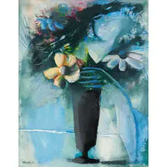 (Girl Smelling Flowers in Vase) by Charles Blackman, 1958, oil on glass and board, sold Oct 2025