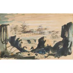 (A Church in an Australian Hamlet, New South Wales) by Russell Drysdale, pen, ink and wash on paper, sold Oct 2025
