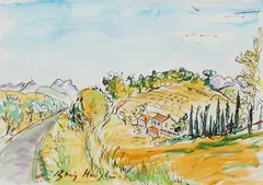 Barry Humphries, Provençale Landscape, St Jerome, Provence, 2011, watercolour and ink on paper