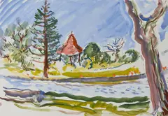 Barry Humphries, Landscape with River and Pavillion, coloured pencil and watercolour on paper