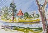 Barry Humphries, Landscape with River and Pavillion, coloured pencil and watercolour on paper