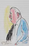 Barry Humphries, Businessman, ink and watercolour on lined paper
