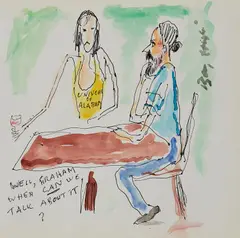 Barry Humphries, Well Graham, When Can We Talk About It?, ink and watercolour on paper