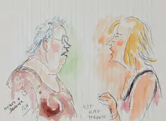 Barry Humphries, Mother and Daughter, Toronto, ink and watercolour on lined paper