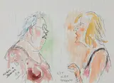 Barry Humphries, Mother and Daughter, Toronto, ink and watercolour on lined paper