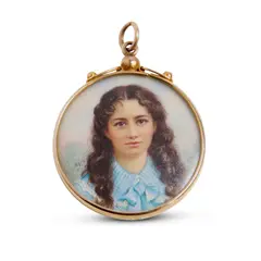 Ada Whiting, Portrait, 1903, watercolour and gouache on ivory, in a Willis & Sons 9ct gold pendant