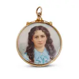 Ada Whiting, Portrait, 1903, watercolour and gouache on ivory, in a Willis & Sons 9ct gold pendant