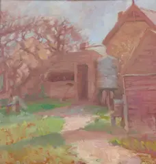 Mary Meyer, Farm Landscape, oil on board