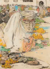 Hilda Rix Nicholas, The Mottled Crowd, Tangier, c.1912-1914, coloured pastel on paper