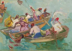 Isabel May Tweddle, Merchants on the Suez Canal, oil on canvasboard