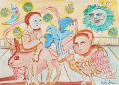 My World is at Peace by Mirka Mora, 1989, ink and gouache on paper, sold Sep 2025