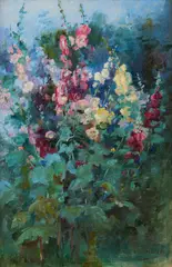 Hollyhocks in the Garden by Henrietta Maria Gulliver, oil on canvas on board, sold Sep 2025