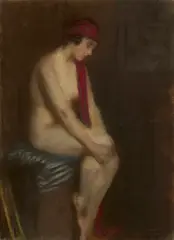 The Crimson Scarf by Janet Agnes Cumbrae Stewart, 1921, pastel on paper, sold Sep 2025