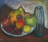 Margaret Francis, Bowl of Fruits, pastel on paper laid on card