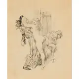Norman Lindsay, Stratagem by which a Woman Enabled her Gallant to Escape, when her Husband, who was Blind of an Eye, thought to Surprise them Together, ink on paper
